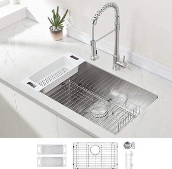 Zuhne Modena Undermount Kitchen Sink Set, 16-Gauge Stainless Steel (32-Inch Single Bowl)